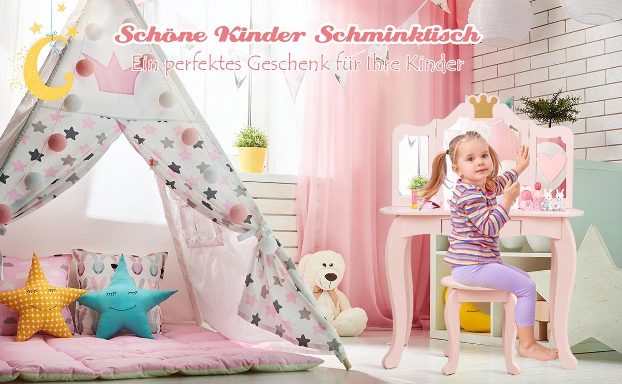 COSTWAY Kinder Schminktisch mit Hocker, abnehmbarer Spiegel & Schublade, Frisiertisch Holz, Kindertisch, Spiegeltisch 80x42x106cm Weiß