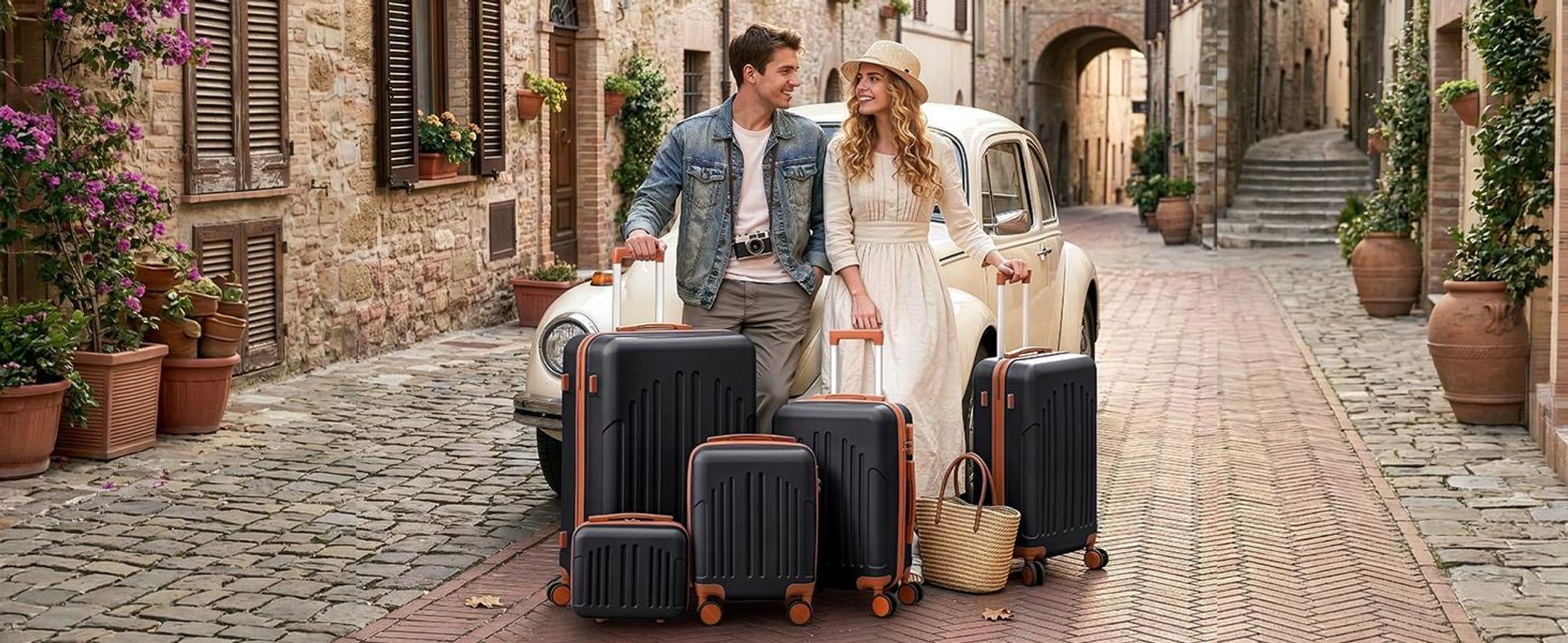 FCH Kofferset, 5tlg. Hartschalen Reisekoffer & Trolley Set S-M-L-XL + Handtasche, 360° Rollen, Schwarz