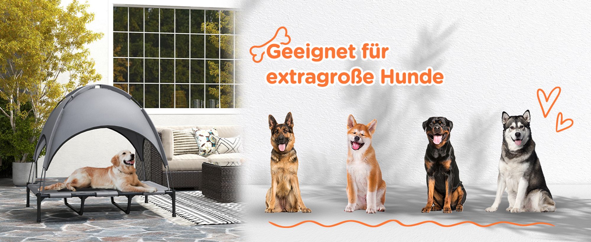 PawHut Erhöhtes Hundebett mit Baldachin, Haustierbett, Hundeliege outdoor mit Dach, Atmungsaktiv, Taftstoff für Camping Grau 122 x 92 x 108 cm