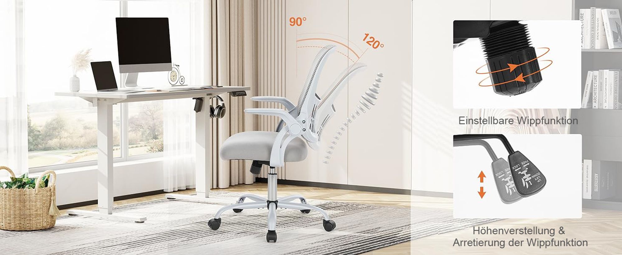Bürostuhl – Ergonomischer Sitz – Sessel mit 90° klappbarer Armlehne – Lordosenstütze – höhenverstellbar - Drehstuhl - Chefsessel  - Grau