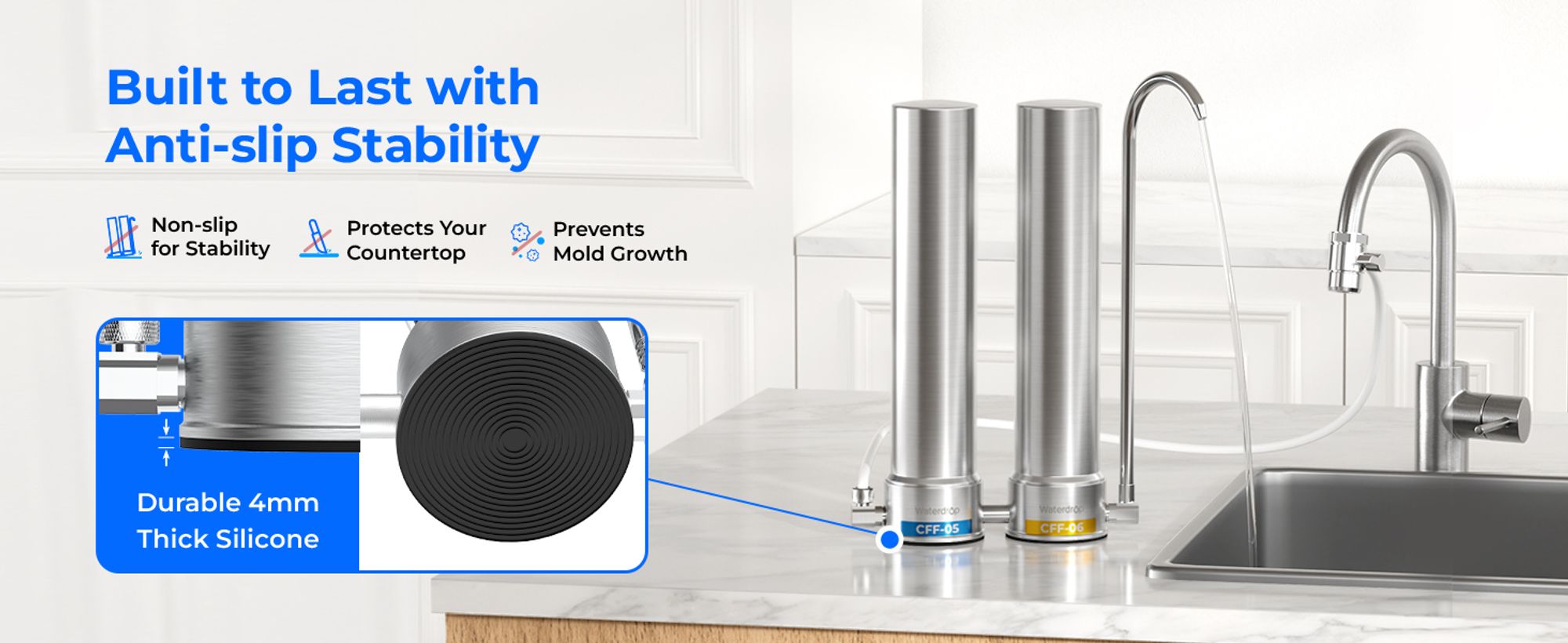 [Silber-Ionen] Waterdrop Dual-Stage Countertop Wasserfilter System, Silber-Ionen Verbesserte Filtration, Edelstahl, WD-CTF-09 (2 Filter)