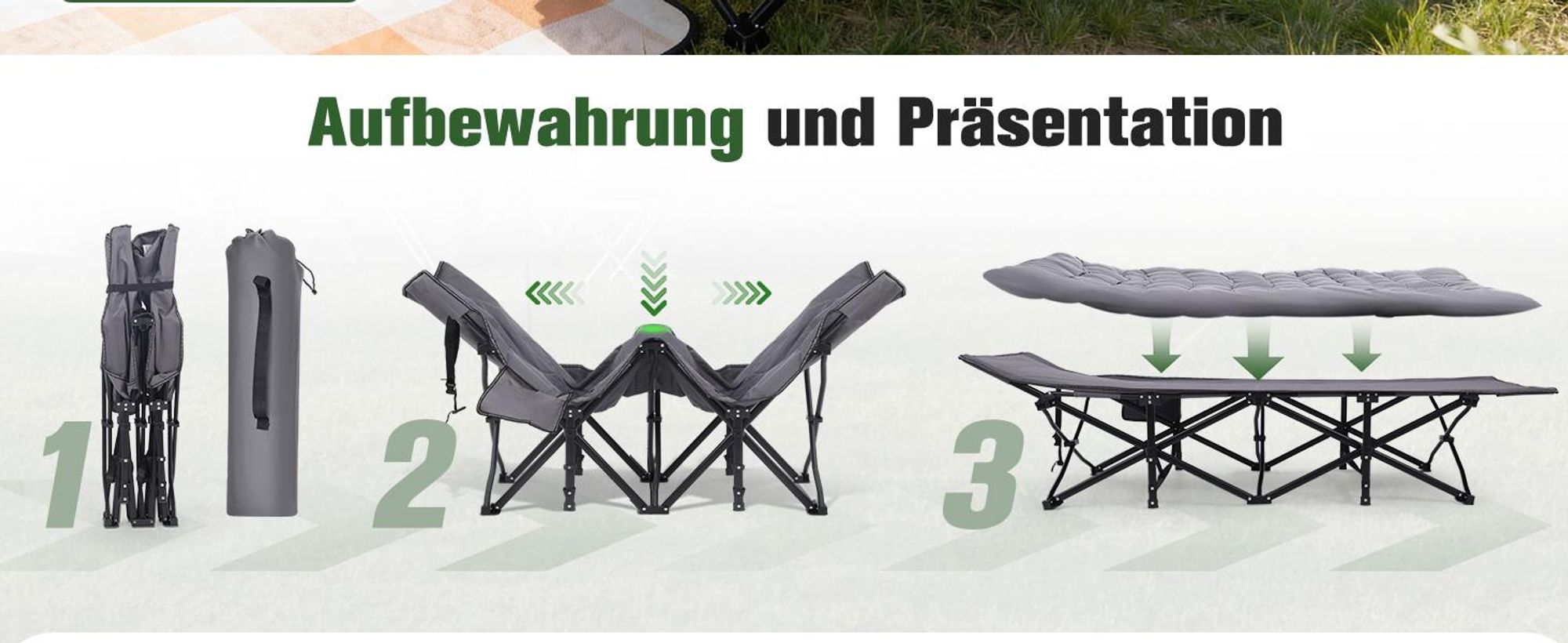 Sekey 202 x 80 x 45 cm XXL Tragbares Feldbett mit Matratze, Feldbett Klappbett Tragfähigkeit 200KG Campingbett, Grau
