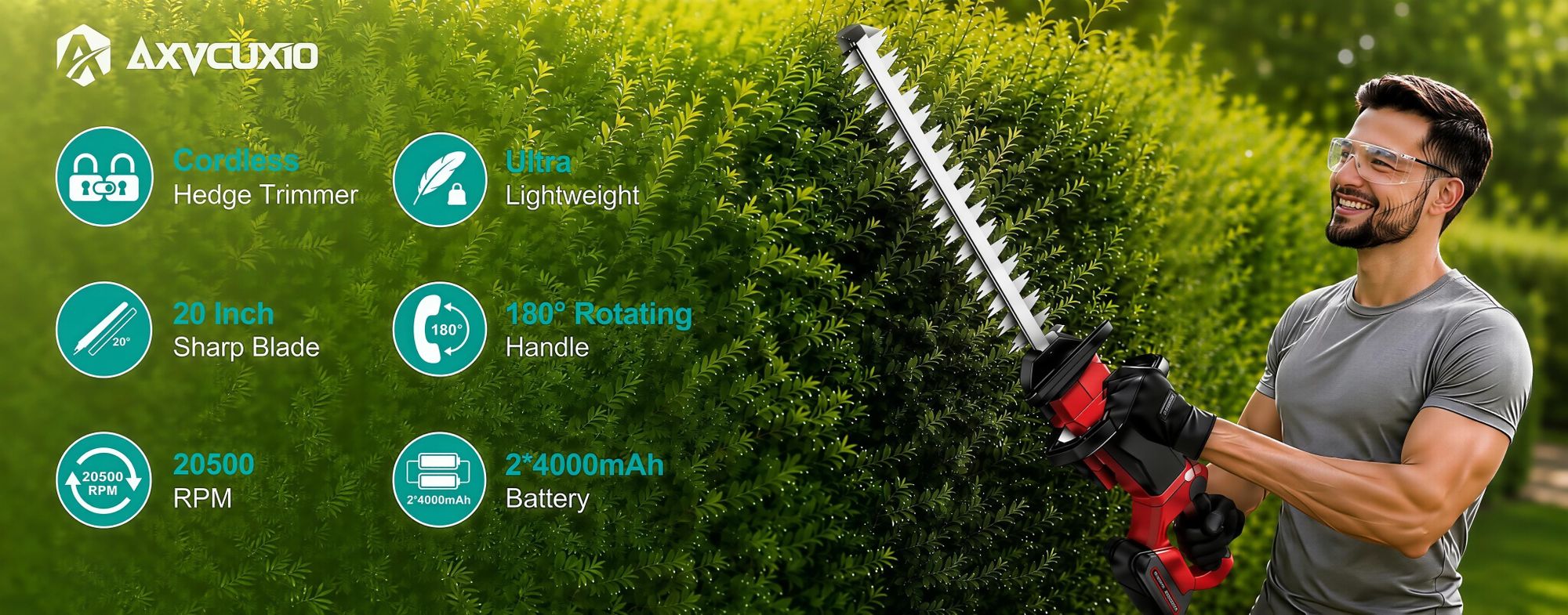 Akku Heckenschere, 21" Klingen Heckenschere mit 2 × 4000mAh Akkus, 3000RPM, bürstenloser motor,180° drehbarer Kopf,Doppelter Sicherheitsschalter,Rot