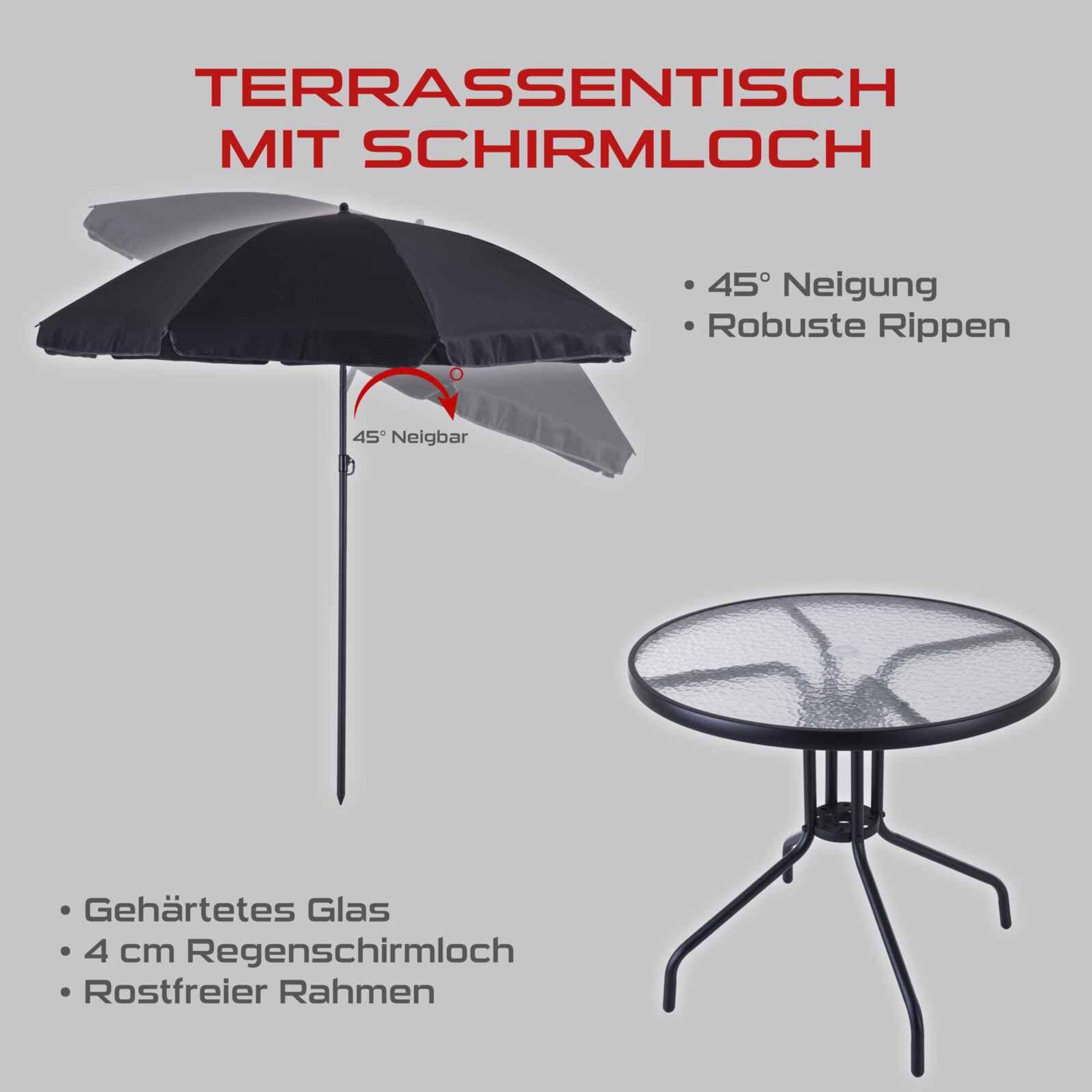 Practixx 6-tlg. Balkonset mit Schirm PX-BS1 | 4x Klappstuhl, neigbarer Sonnenschirm, Glastisch | Gartenset Bistroset Balkonmöbelset Campingset schwarz