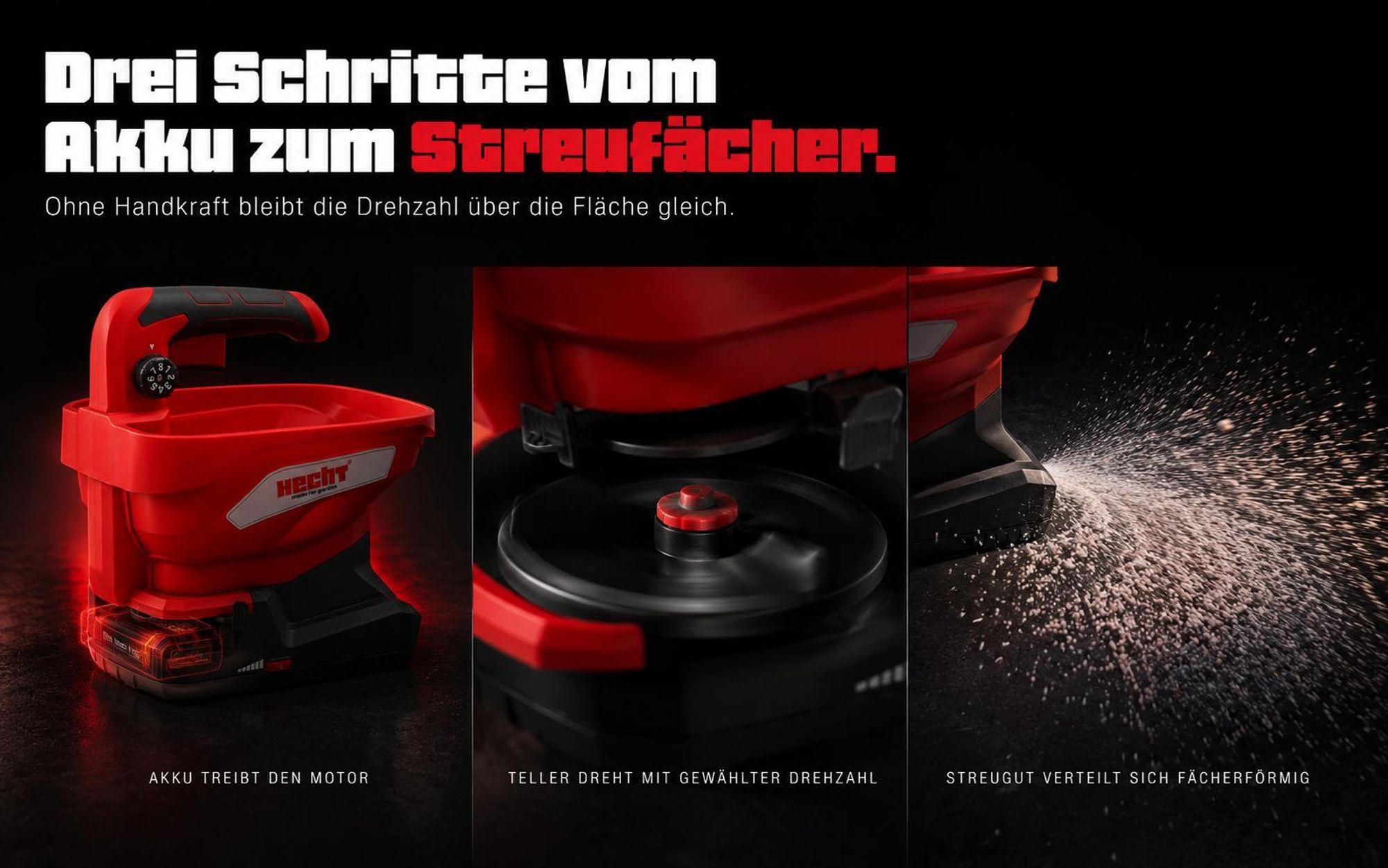 Akku Handstreuer HECHT 207 | 5 m Streubreite | Inkl. 7,2V Akku & USB-C | 3,3 Liter Volumen | Universal Salz Saatgut Sand Dünger Streuer