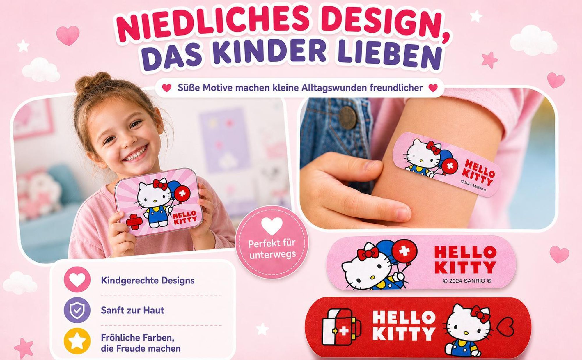 Hello Kitty Rosa Kinderpflaster Lizensiertes Produkt - Metall-Box - 24 Pflaster - Schönes Design Pflaster Aufbewahrungsbox für Kinder - 1 Box