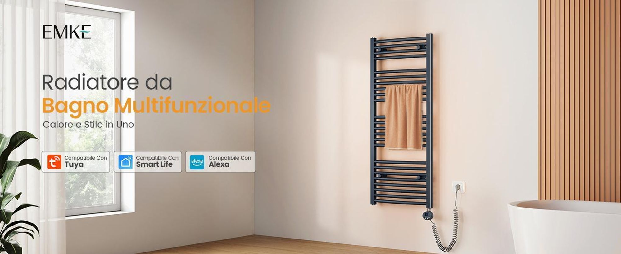 EMKE Scaldasalviette elettrico 75X50cm 300W antracite curvo Radiatore da bagno Controllo Wi-Fi Termostato intelligente Scaldasalviette