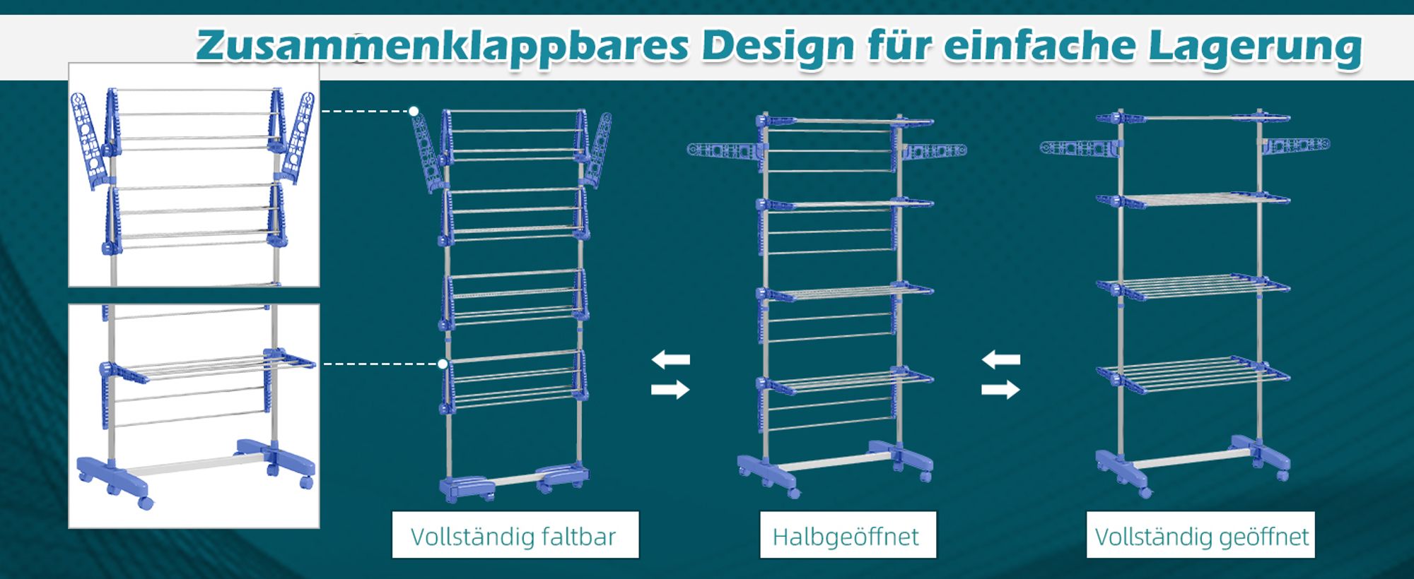 HOMCOM Wäscheständer Turmwäschetrockner 4 Ebenen klappbar höhenverstellbar Blau