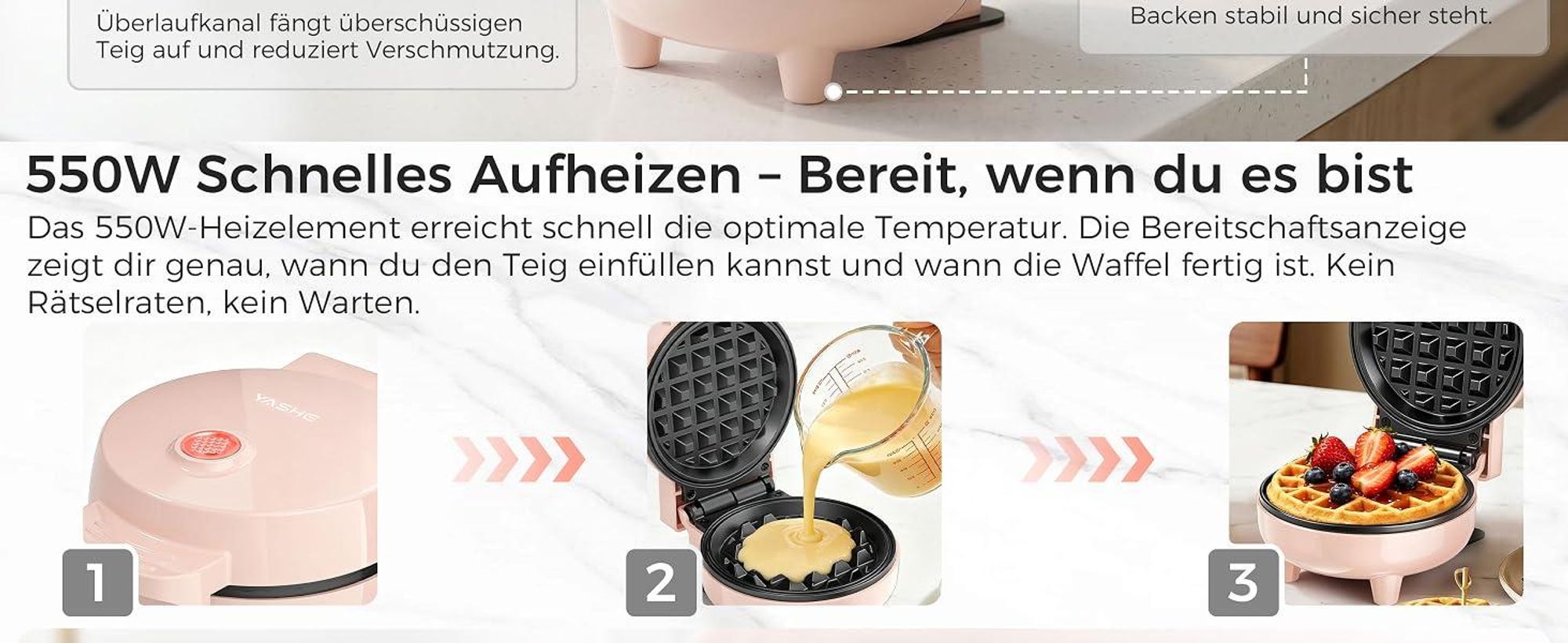 YASHE Mini Waffeleisen 550W, Antihaft-Waffelmaschine, Rosa