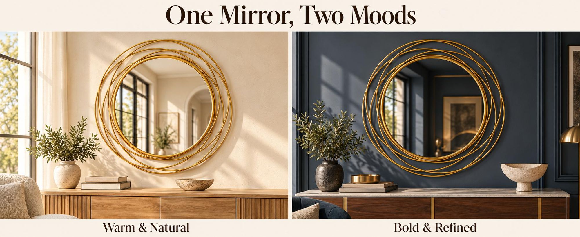 WISFOR Wandspiegel rund Gold 80 cm, Dekospiegel mit kunstvollem Metallrahmen für Wohnzimmer und Flur