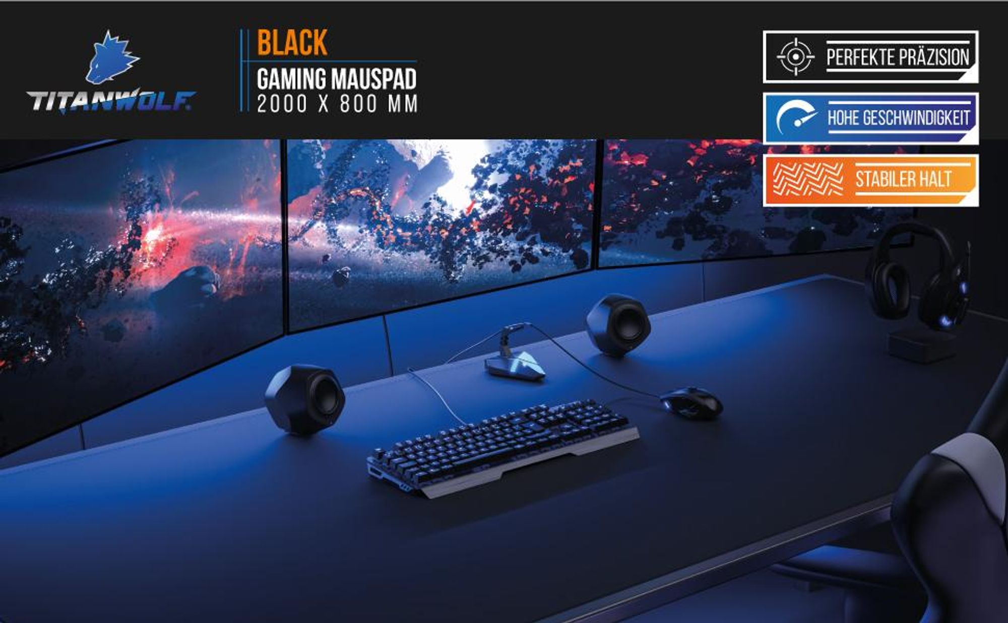 Titanwolf XXXL Mauspad Black 2000 x 800 mm, Präzision, Geschwindigkeit und stabiler Halt