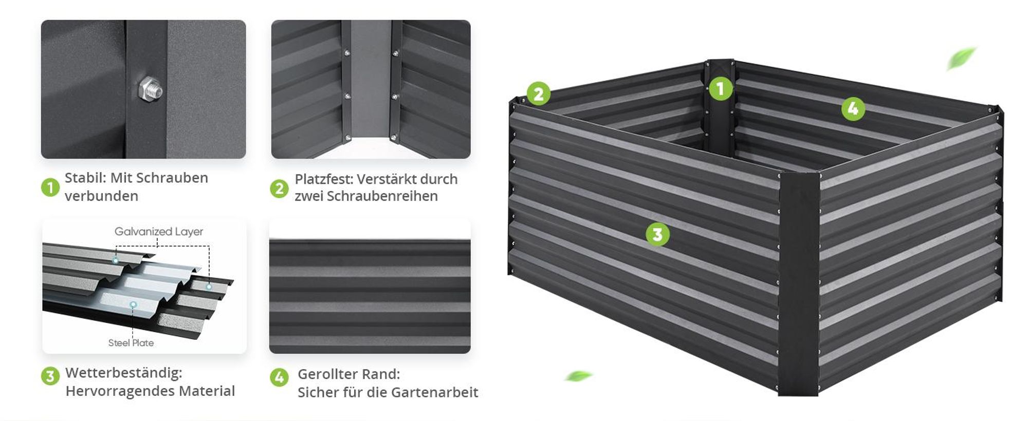 Quictent Hochbeet Metall 120 x 90 x 56cm, Kräuterbeet ohne Boden für Garten, Gemüsebeet Pflanzkasten Frühbeet mit Tomatenkäfigen,Grau