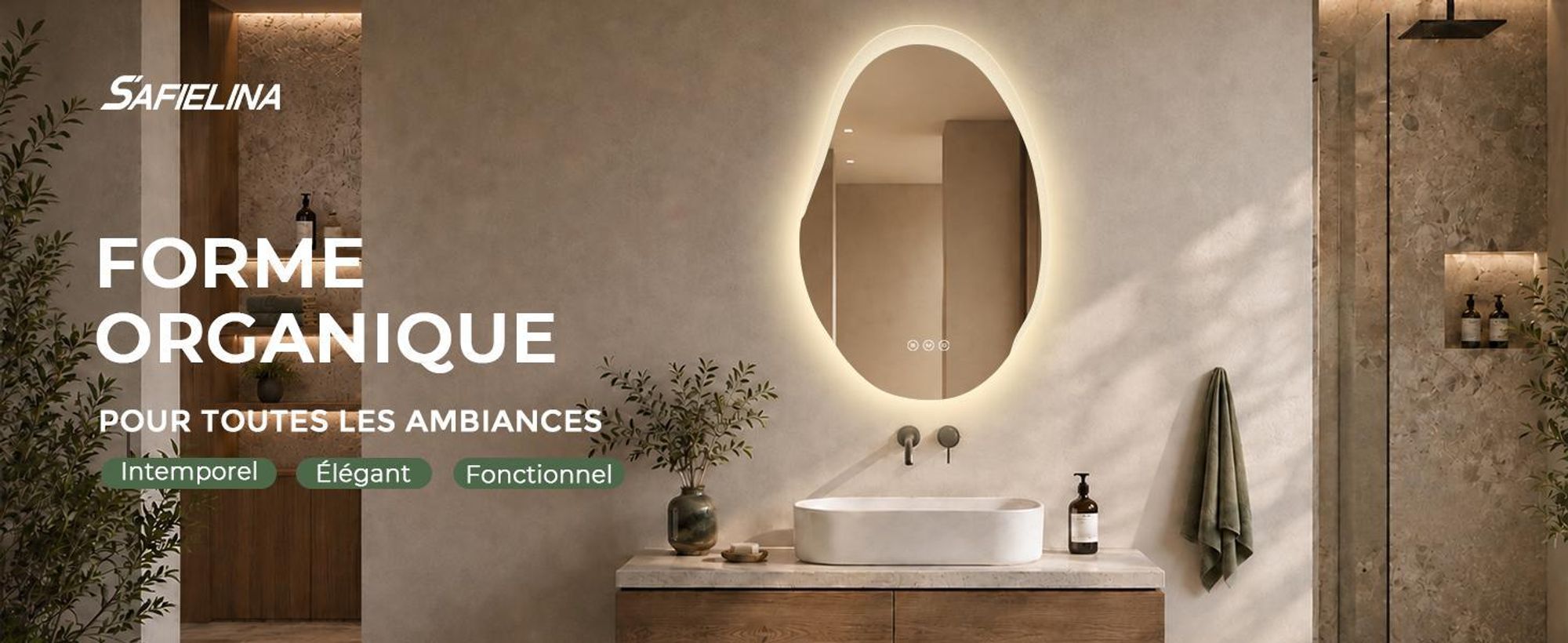 S'AFIELINA Miroir Salle de Bain LED 48 × 72 cm, Asymétrique, Sans Cadre,3 couleurs d’éclairage, luminosité réglable, anti-buée et mémoire