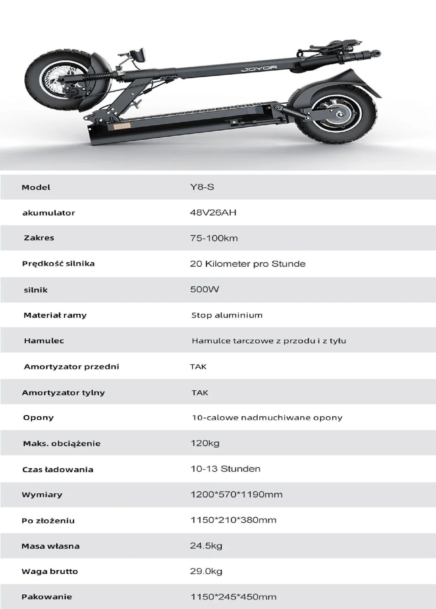 JOYOR Y8-S Certyfikat ABE Składana Hulajnoga Elektryczna - Silnik 500W Baterią 48V26AH 10-calowe Opony - Czarny