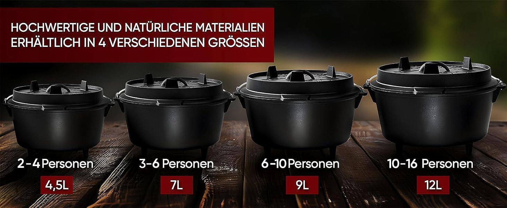Vier Dutch Oven Größen von 4,5 L bis 10 L – für 2 bis 16 Personen geeignet.