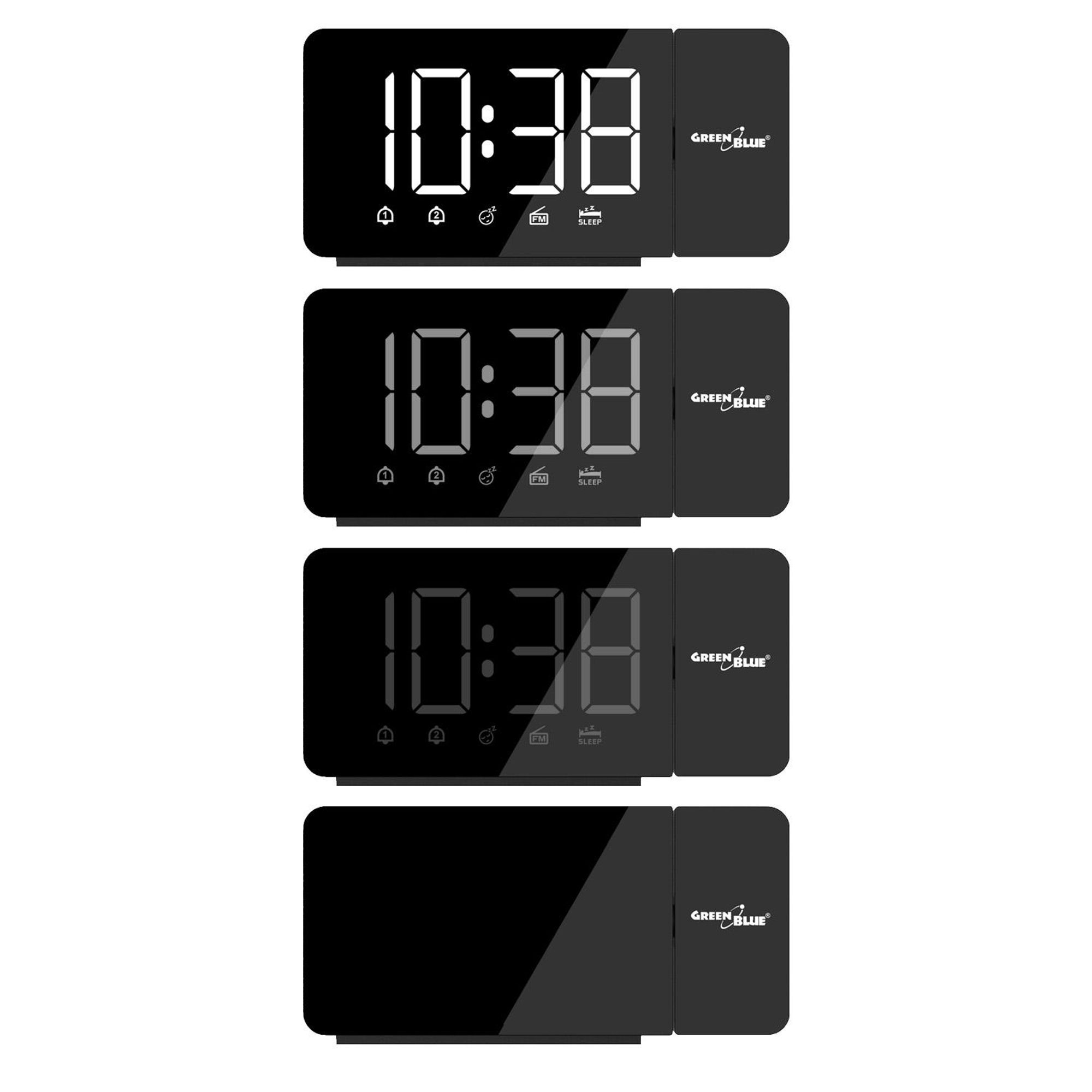 Digitaler LED-Radiowecker mit GreenBlue-Projektor FM-Radio Alarm 12/24-Stunden-Anzeige Stromversorgung über USB 5 V DC + CR2032 GB172