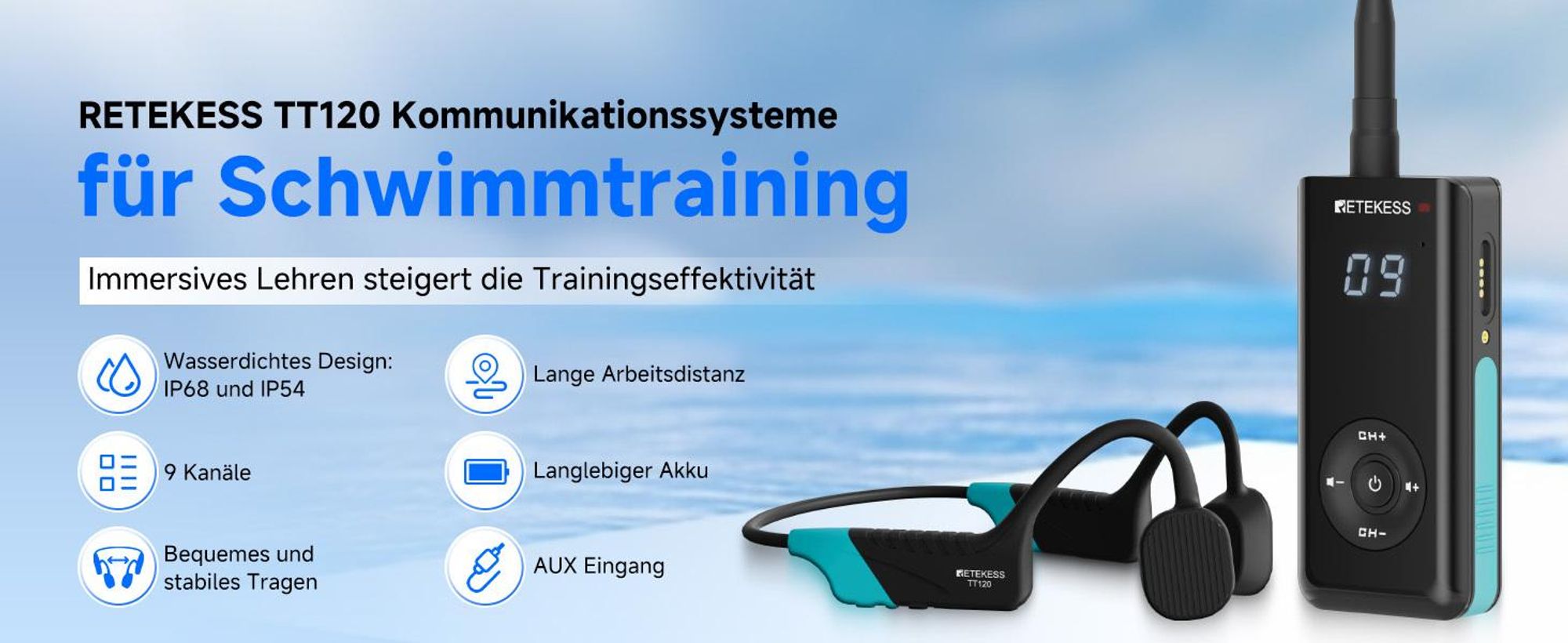 Retekess TT120 Schwimmtrainer-Kommunikator, IP68 Wasserdichte Schwimmkopfhörer, Knochenleitung, 120 m, für Schwimmtraining(1 Sender, 3 Empfänger)