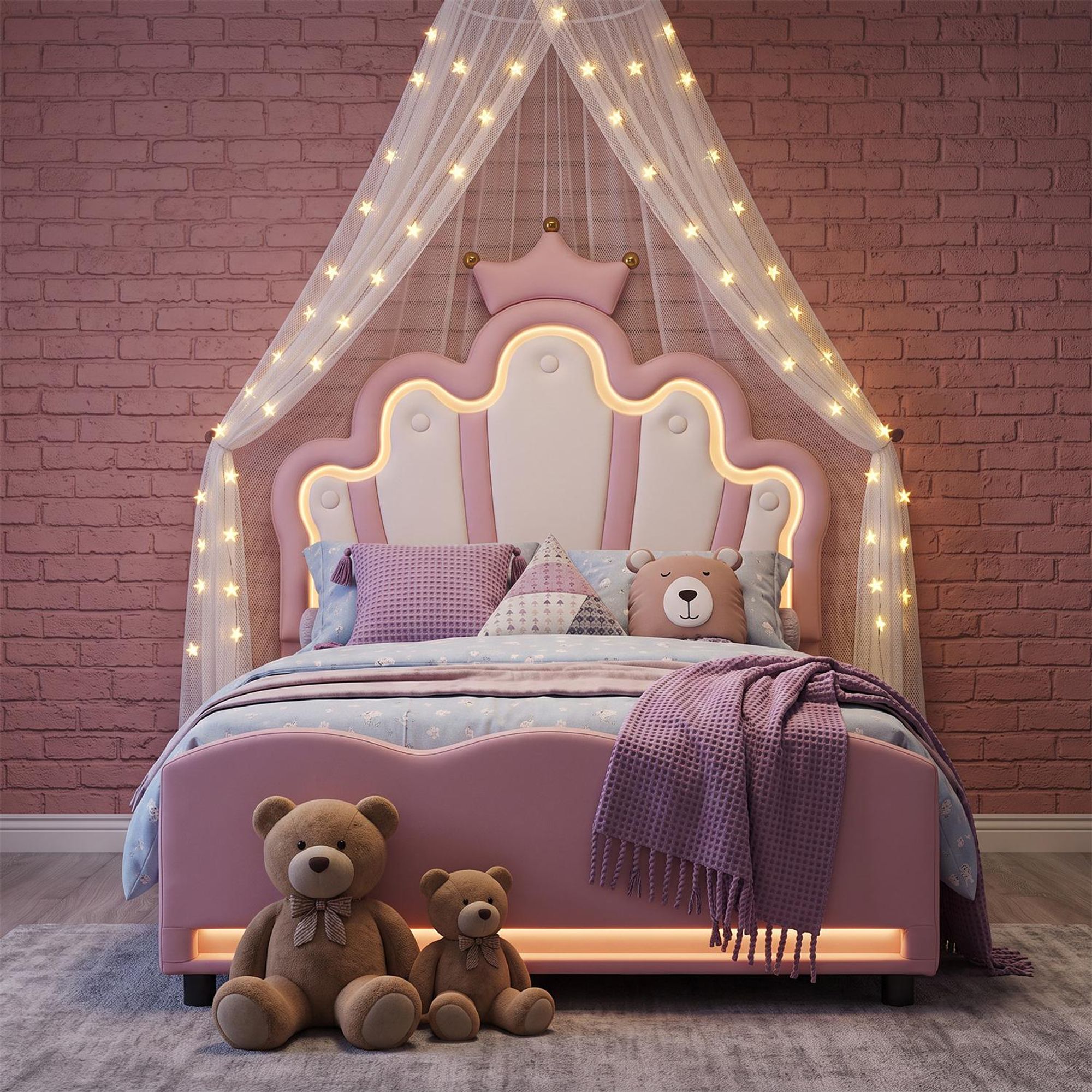 OYAJIA Kinderbett 90x200, Polsterbett für Mädchen Kronen-Doppelbett mit LED-Streifen, Hydraulischer Stauraum, aus Kunstleder Bettrahmen mit Lattenrost