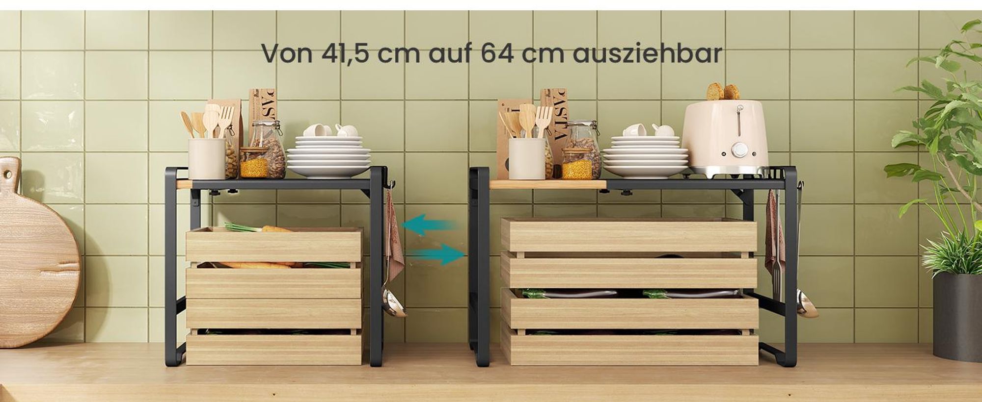 Erweiterbares Mikrowellen-Regal, Mikrowellenständer, 41,5-64 cm verstellbare Breite, Stahl und Bambus, 4 Haken, tintenschwarz-naturbeige