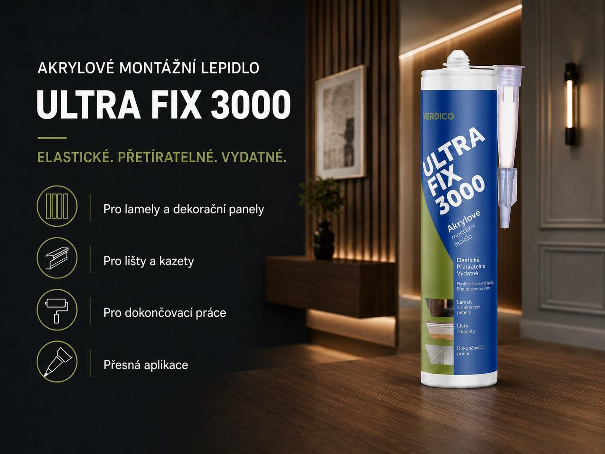 Akrylové montážní lepidlo Ultra Fix 3000 na lišty, profily a při renovačních pracích.