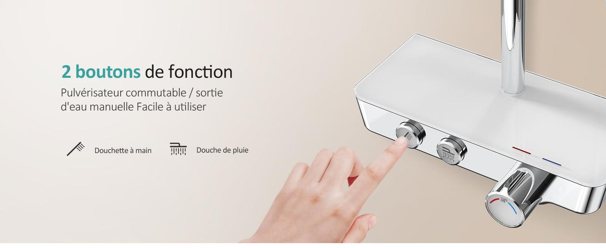 EMKE Système de douche avec thermostat en acier inoxydable Ensemble de douche avec douchette à main 3 fonctions, douche à effet pluie, panneau de douche, robinetterie de salle de bains & douche, KTW, chrome - F08