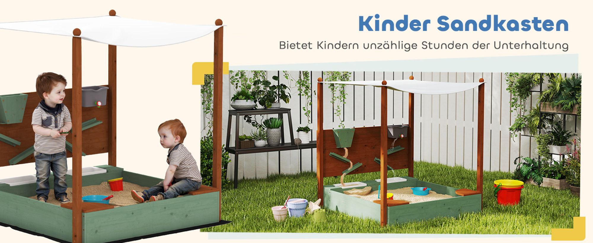 AIYAPLAY Sandkasten mit Dach 116x112,5cm Sandkiste aus Holz für 3-6 Jahre Kinder