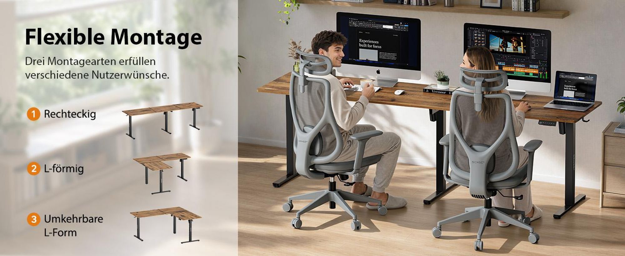 SENSE7 NOJO Light Corner Eckschreibtisch Elektrisch Höhenverstellbar 160x140 L-Form Stehschreibtisch Doppelmotor Holzoptik Dunkelbraun Schwarz