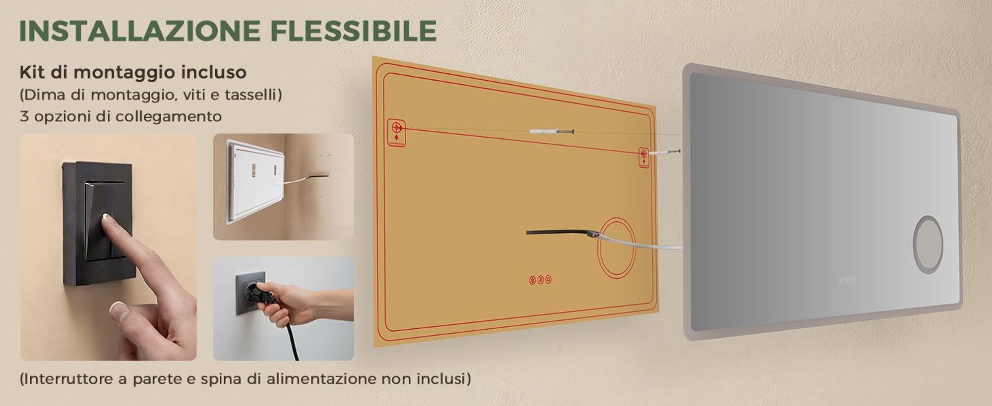 S'AFIELINA Specchio bagno LED con Bluetooth 5.3, 120 × 60 cm,Specchio ingranditore 3×, antiappannamento, 3 colori, dimmerabile, touch & memoria
