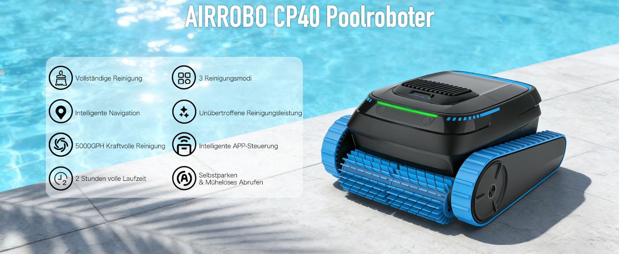 AIRROBO Poolroboter mit APP, 120min Laufzeit, 170m², 4L Filterkorb, 150μm, Intelligente Navigation, Akku Poolsauger für Boden/Wande/Wasserlinie