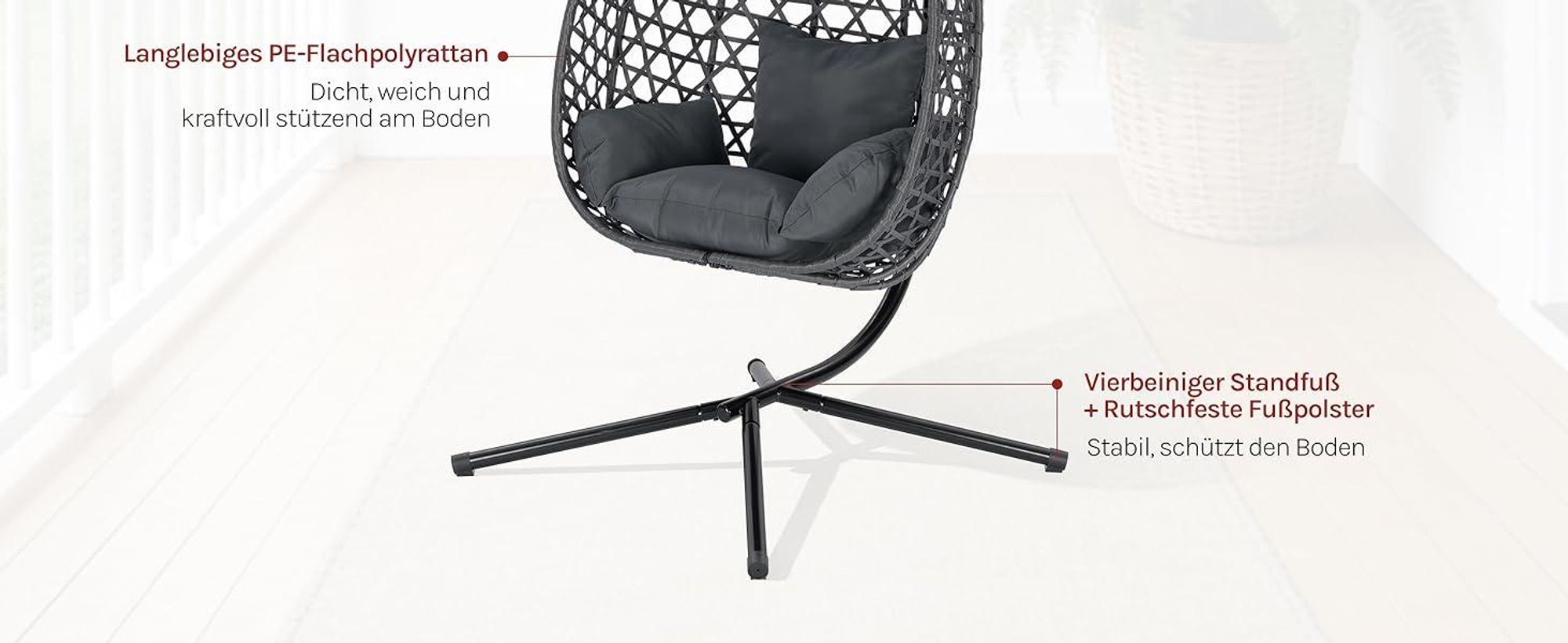 WOLTU Hängesessel mit Gestell bis 150 kg belastbar PE-Rattan, Grau