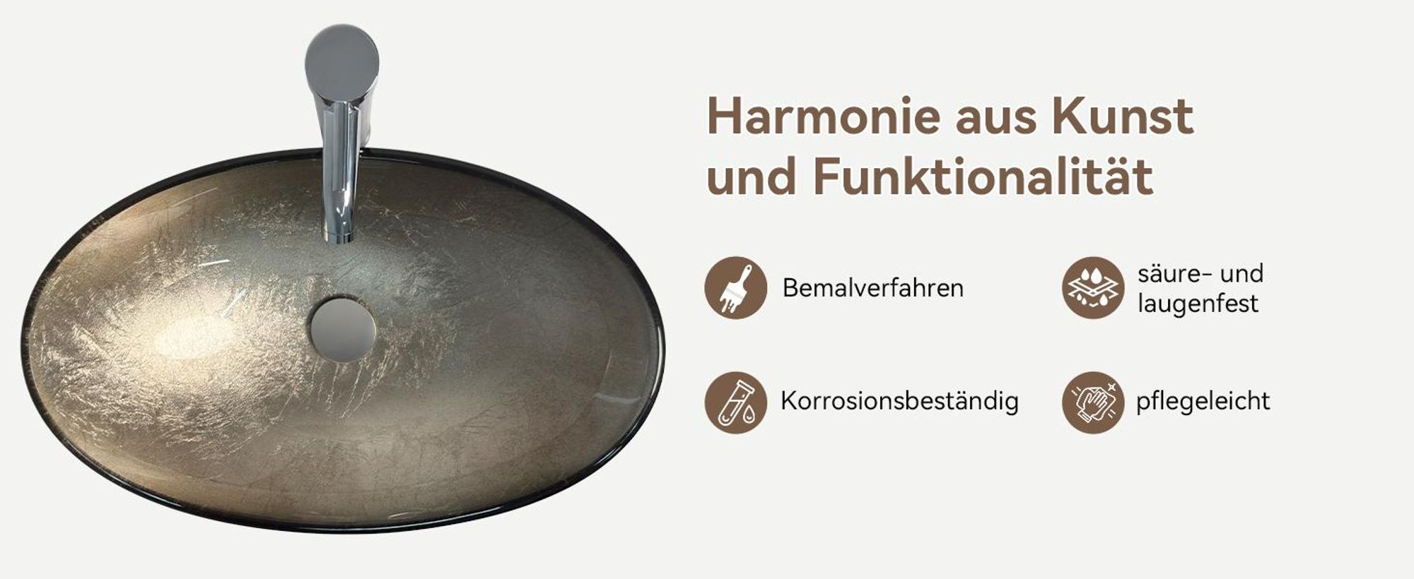 Puluomis Waschbecken Glas Aufsatzwaschbecken Waschschale Oval mit Wasserhahn Ablaufgarnitur Champagner