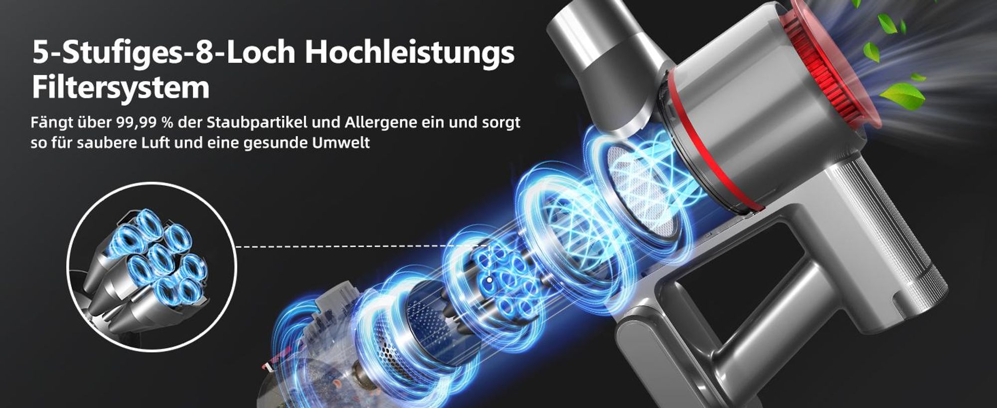 Portreen Akku Staubsauger,HEPAx4,40000Pa Staubsauger kabellos,50 Min, Haushalte mit Haustieren,kabelloser Staubsauger,Anti-Tangle-Staubsauger