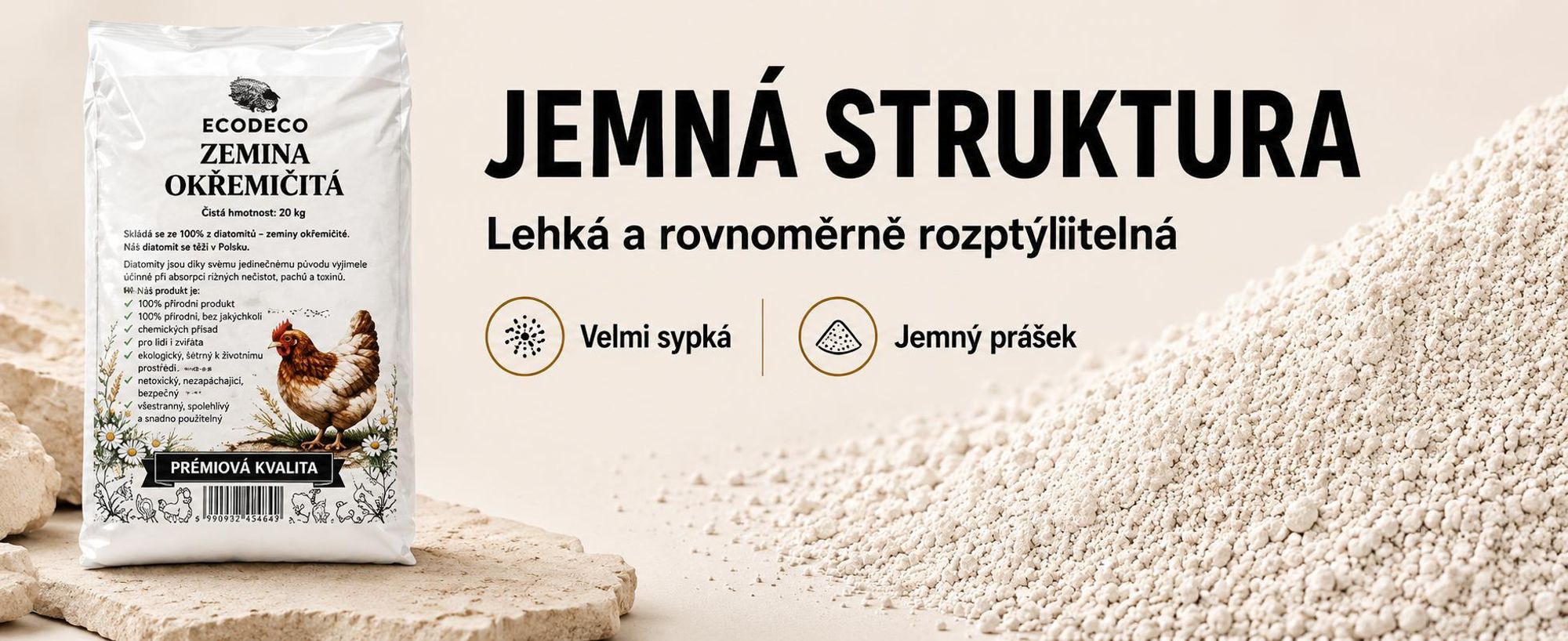 Ecodeco, křemelitá zemina (diatomit), 10 kg. Vhodná pro slepčí hnízda, stelivo a chov zvířat. Minerální materiál, který dobře absorbuje vlhkost, je bez zápachu