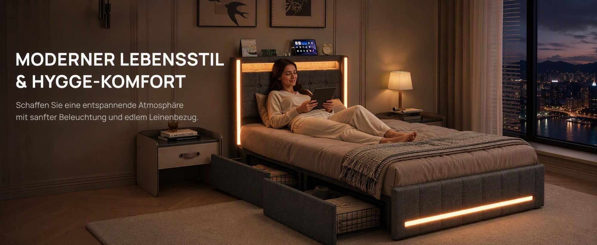 INONEFT Boxspringbett 90x200 mit 2 Schubladen, LED & USB-C – Jugendbett,Polsterbett Einzelbett mit Lattenrost,Funktionsbett Bettgestell,Leinen, Grau