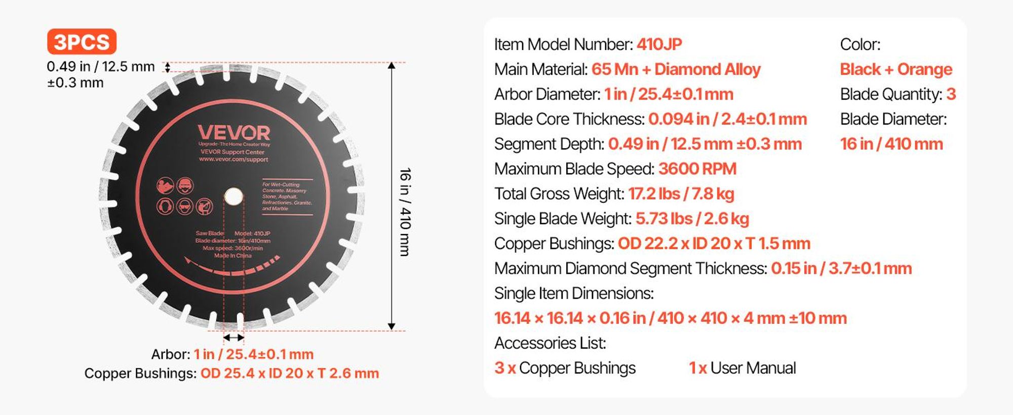 VEVOR 3 Stk. Diamanttrennscheiben 410mm, Diamant-Sägeblätter mit 25,4mm Bohrung & 12,5mm Segmenthöhe, Max. 3600 U/min Diamantscheiben für Trocken/Nass Schneiden, Trennscheibe für Beton Mauerwerk Stein