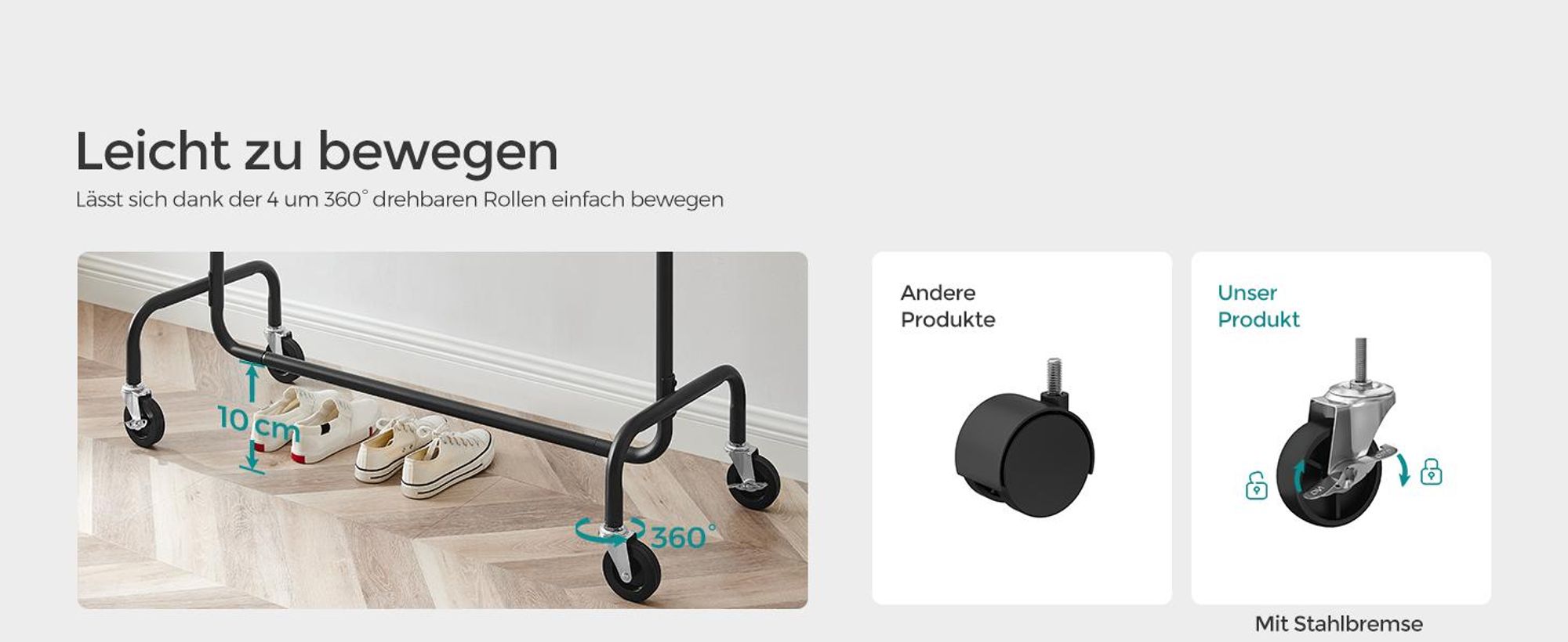 SONGMICS Kleiderständer Garderobenständer auf Rollen aus Metall