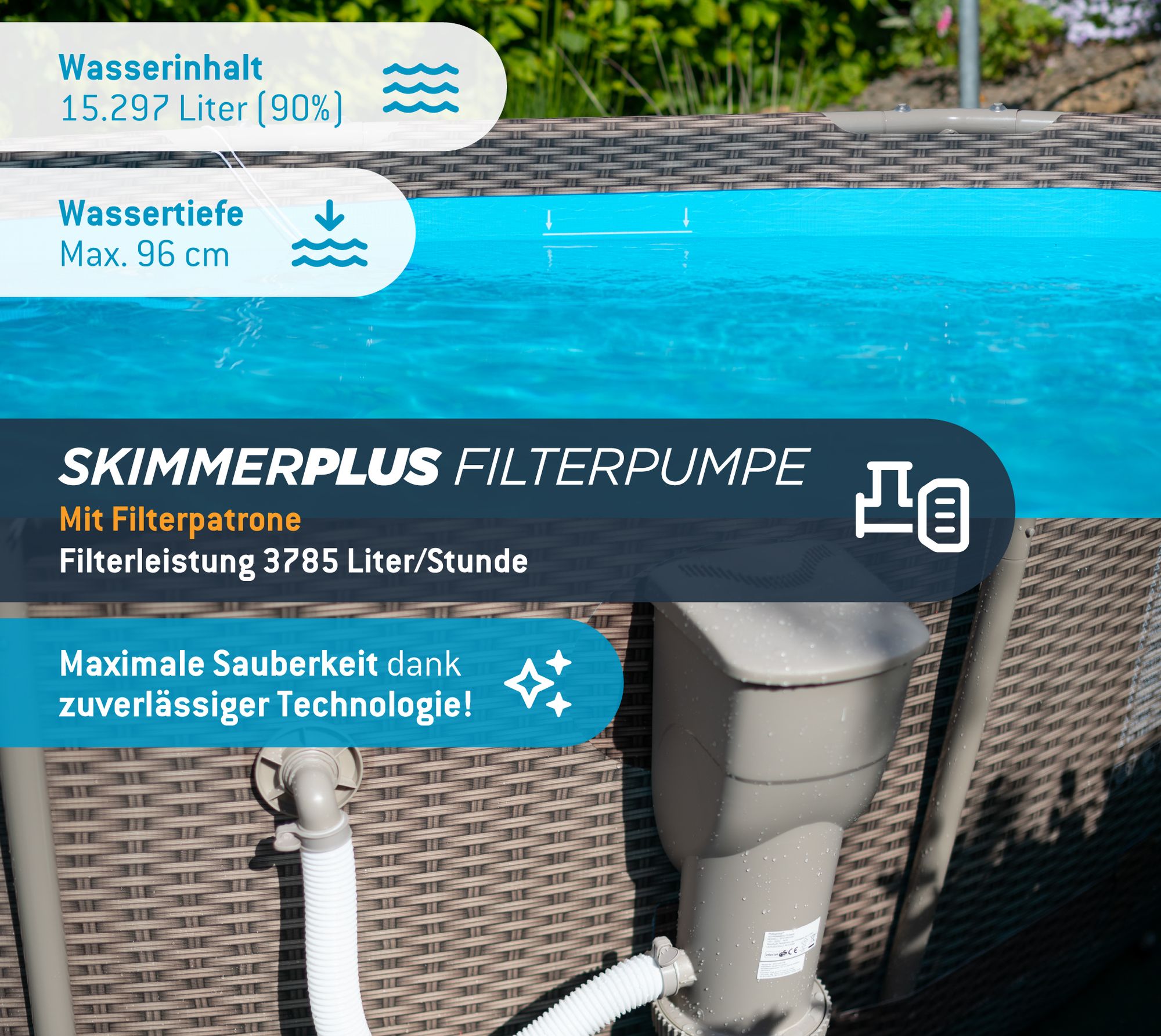 Summer Waves Active Frame Pool Aufstellpool rund inkl. Zubehör Rattanoptik braun Ø 457x107 cm