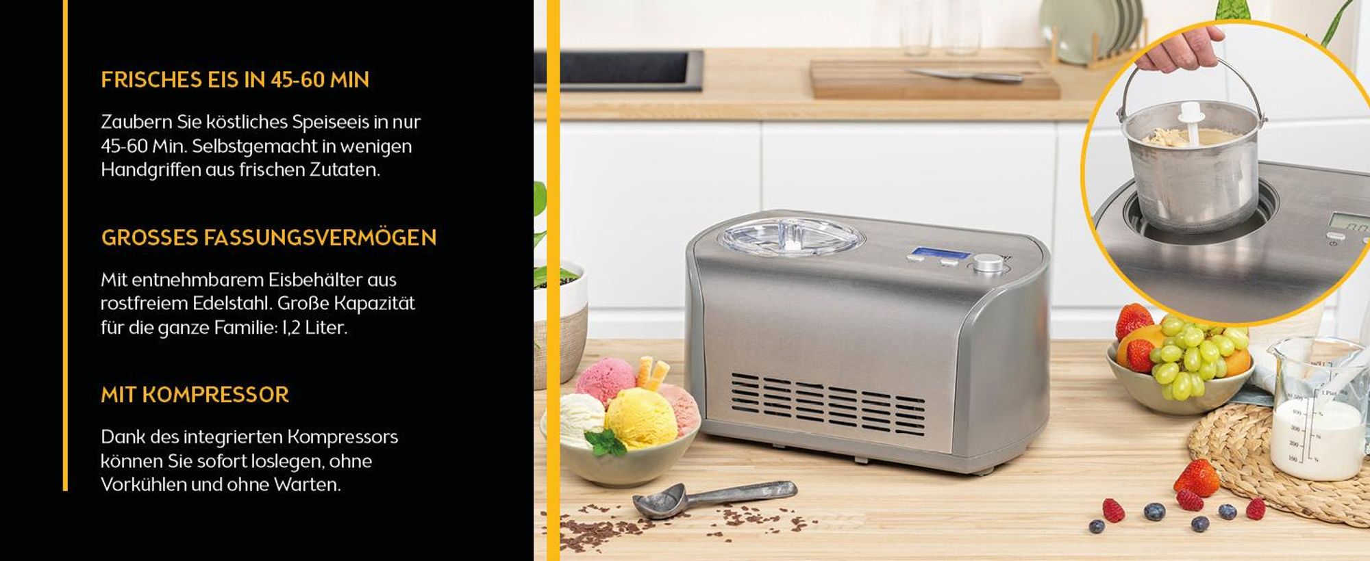 TZS First Austria - Eismaschine 1,2L 135W - mit Kompressor & Kühlhaltefunktion - Edelstahl