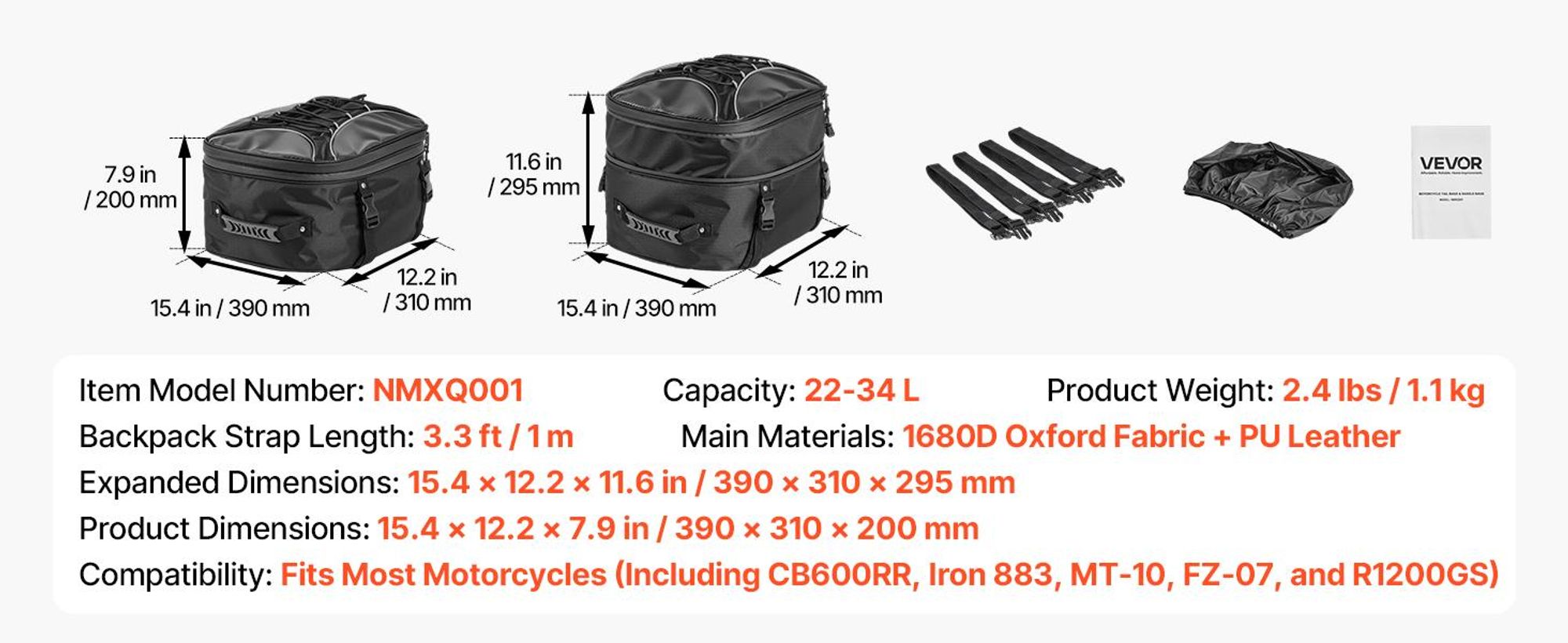 VEVOR Motorrad-Hecktasche, 30 L Motorrad-Rücksitztasche mit wasserdichter Regenhaube, Outdoor-Sport-Motorrad-Gepäckaufbewahrung, Trägersystem mit Schultergurten, universell passende Heckträger, Schwarz, 22-34 L