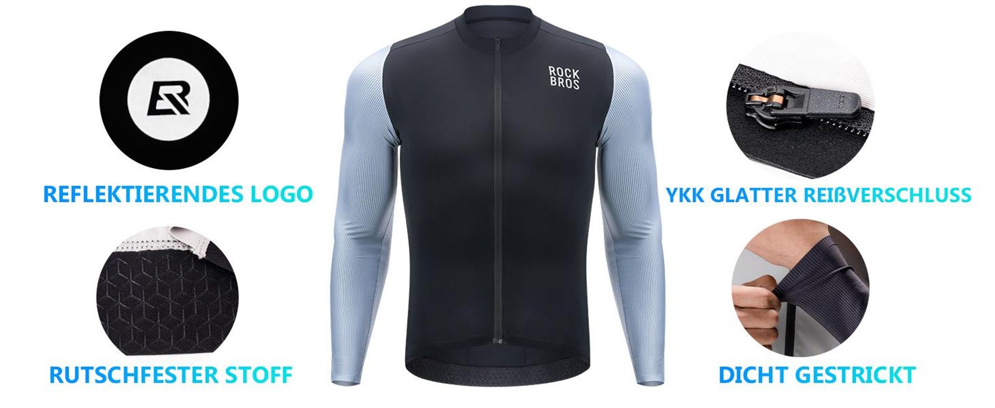 ROCKBROS Herren Langarm Radtrikot Atmungsaktiv Schnelltrocknend Mit Reißverschluss 3 Taschen Für Rennrad MTB Grau-Schwarz Größe 2XL