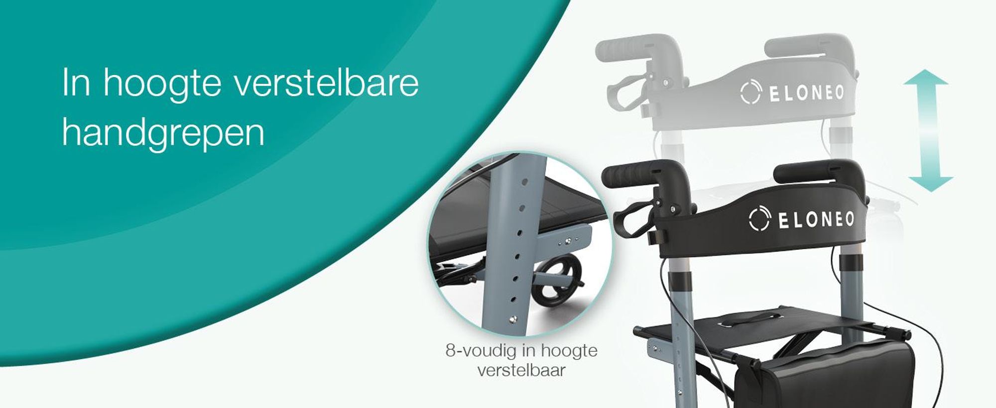ELONEO inklapbare en lichte rollator met zitplaats, lichtgewicht reiskofferrolator van aluminium, loophulp met 8-voudige hoogteverstelling, inklapbaar in 3 standen