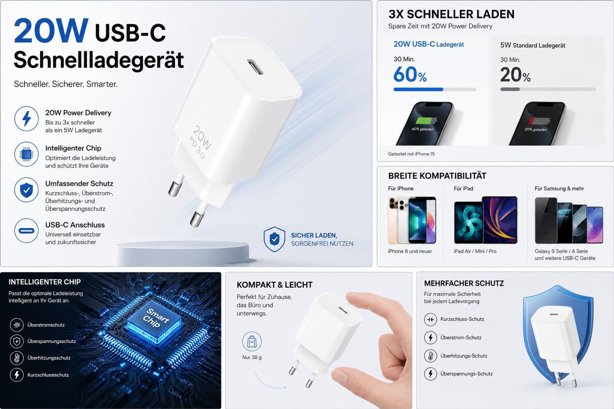 20W USB C Ladegerät Adapter für Samsung Galaxy A57 A37 A17 A07 A56 A36 A26 A16 A06 A55 A35 A25 A15 A05 A54 A14 A53 USB-C Haus Strom Stecker L77 WEIß