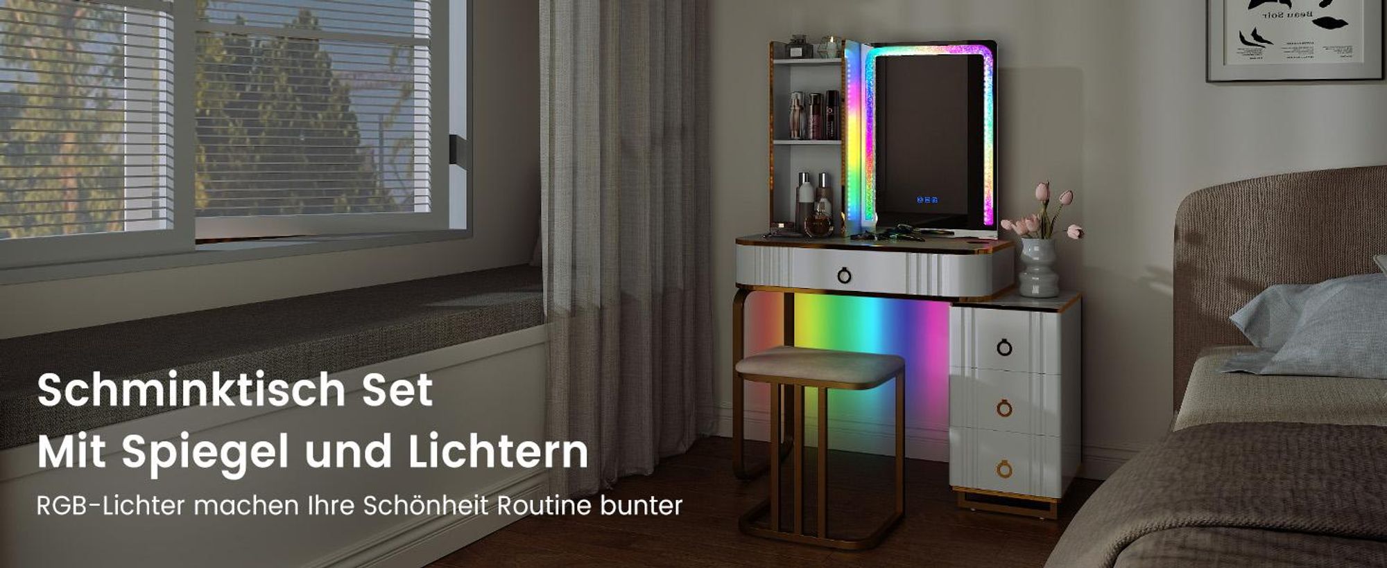 COSTWAY Schminktisch mit LED-Beleuchtung, Frisiertisch mit 14 LED-Leuchten, kabelloser Ladestation, USB-Anschluss & 4 Schubladen