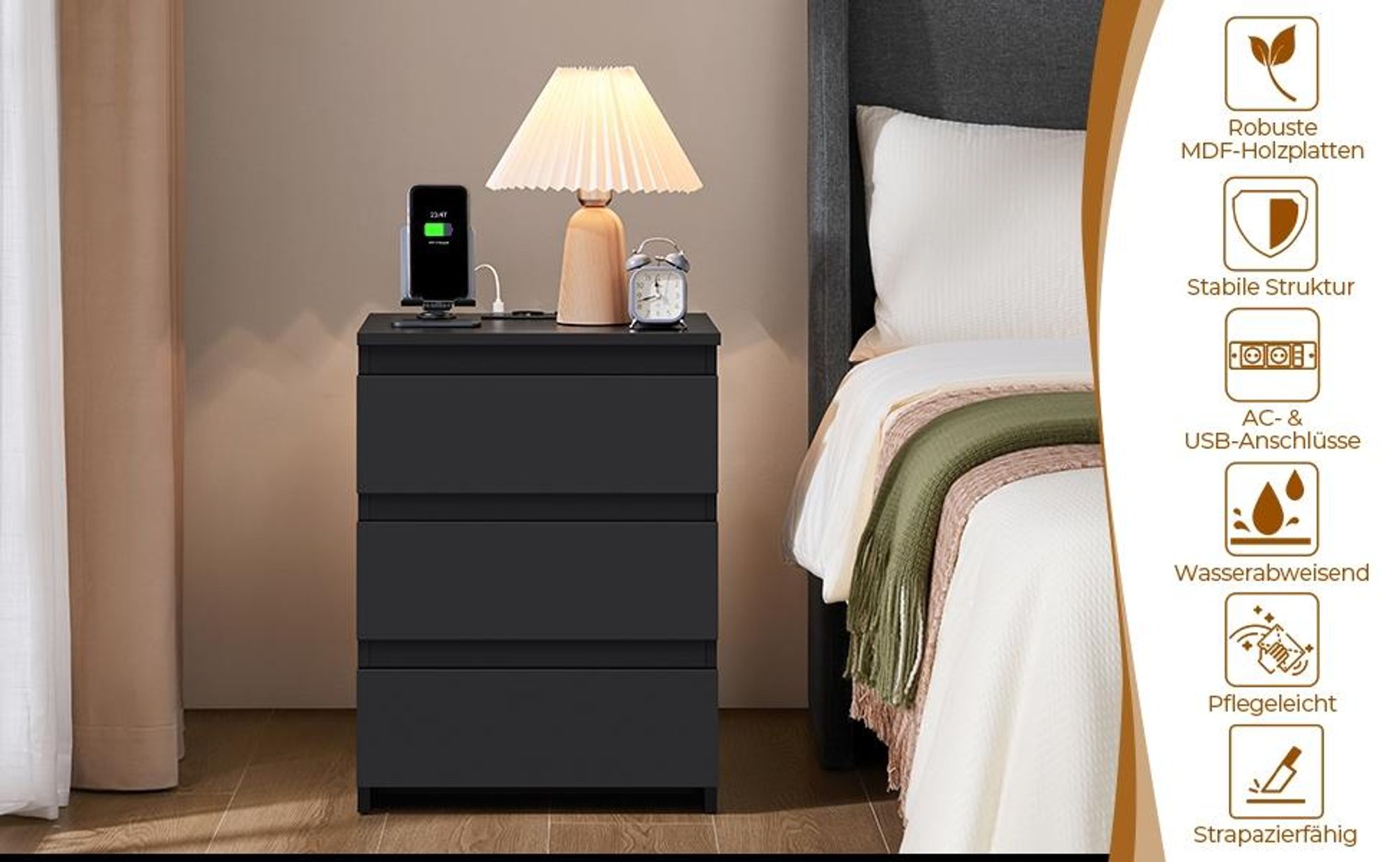 Yaheetech Nachttisch 2er Set Beistelltisch, 2 AC-Steckdosen, 2 USB-Anschlüsse, Emissionsklasse E1, Schwarz