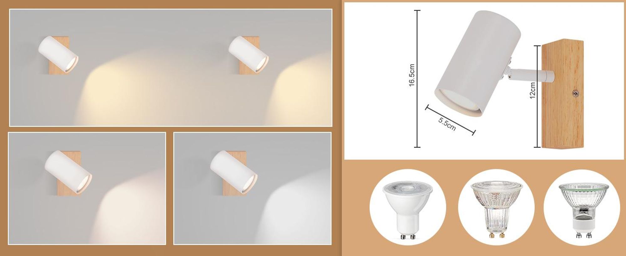 ZMH Deckenleuchte Weiß Deckenstrahler 1 Flammig Holz Deckenlampe GU10 Deckenspots Schwenkbar 350° Spotslight für Wohnzimmer Schlafzimmer Küchen Korridor Esszimmer