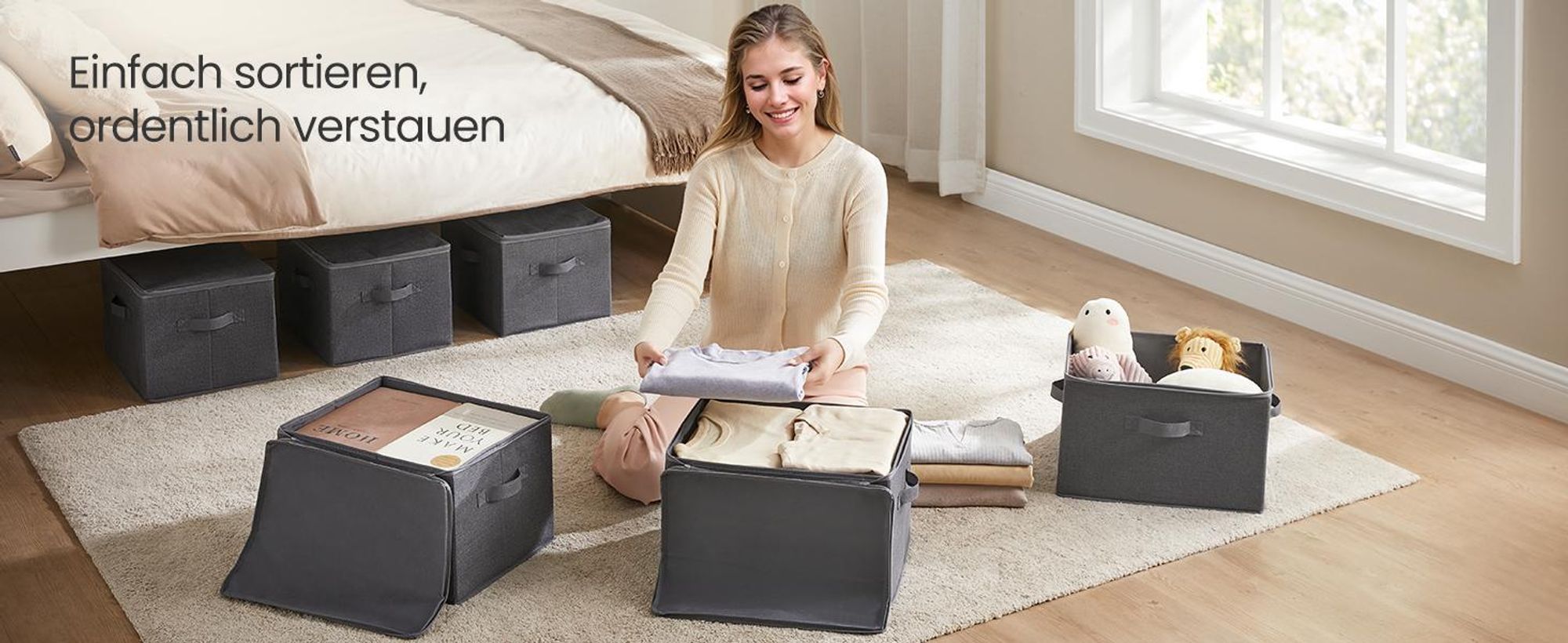 SONGMICS Stoffbox, faltbare Aufbewahrungsbox mit Griffen, für Kleidung, Vliesstoff, 6er Set, grau