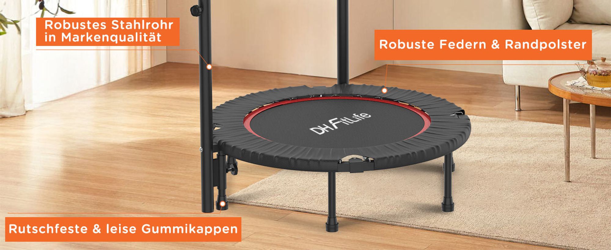 DH FitLife Fitness-Trampolin klappbar Ø102cm 40 Zoll - 150kg max, 4-fach verstellbarer Griff & stabil/leise für Kinder/Erwachsene (ohne Installation)