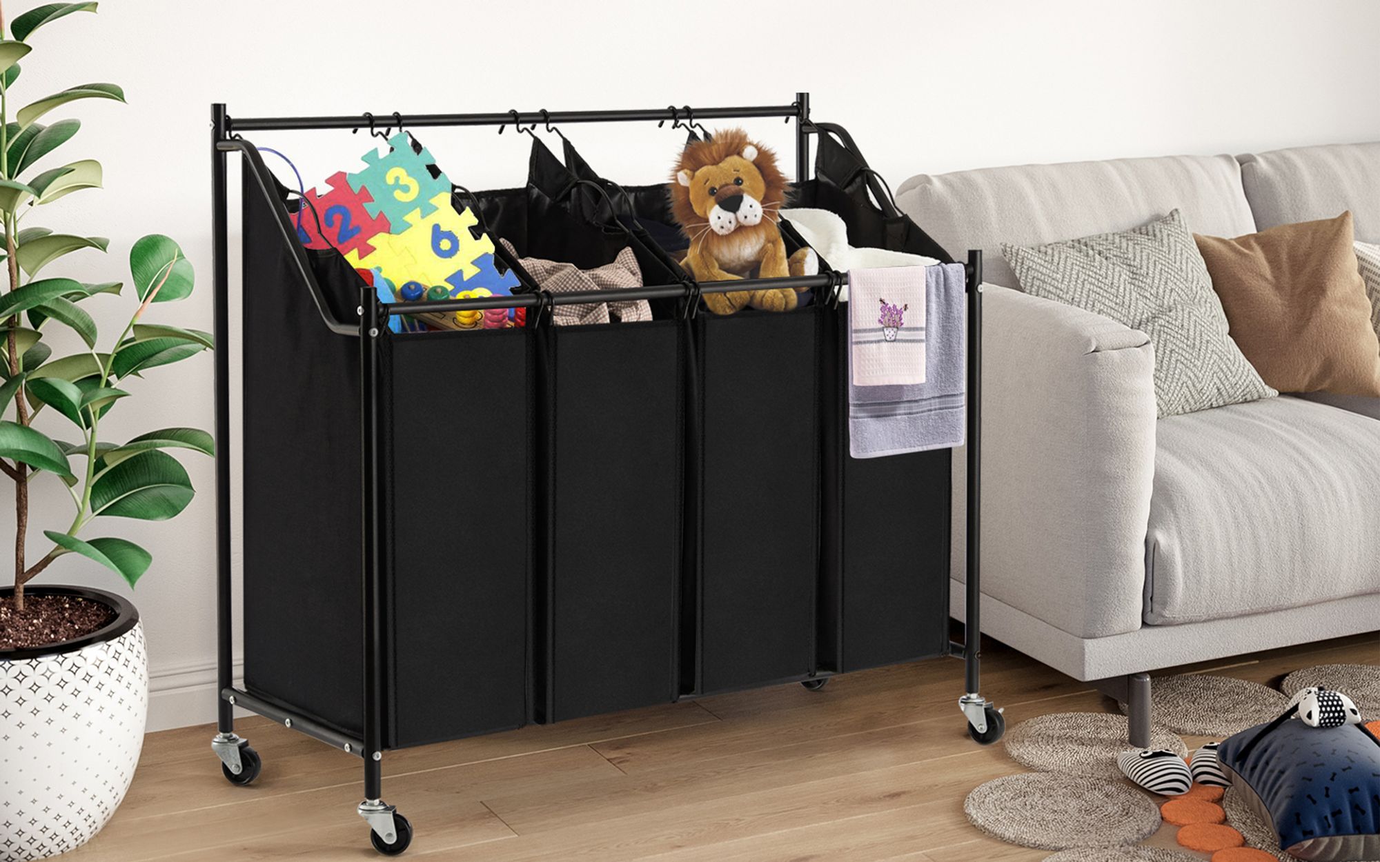 Mondeer Wäschekorb mit Rollen Wäschesortierer 4 Fächer Wäschesammler mit 4 abnehmbaren Stofftaschen Wäschebehälter Wäschebox