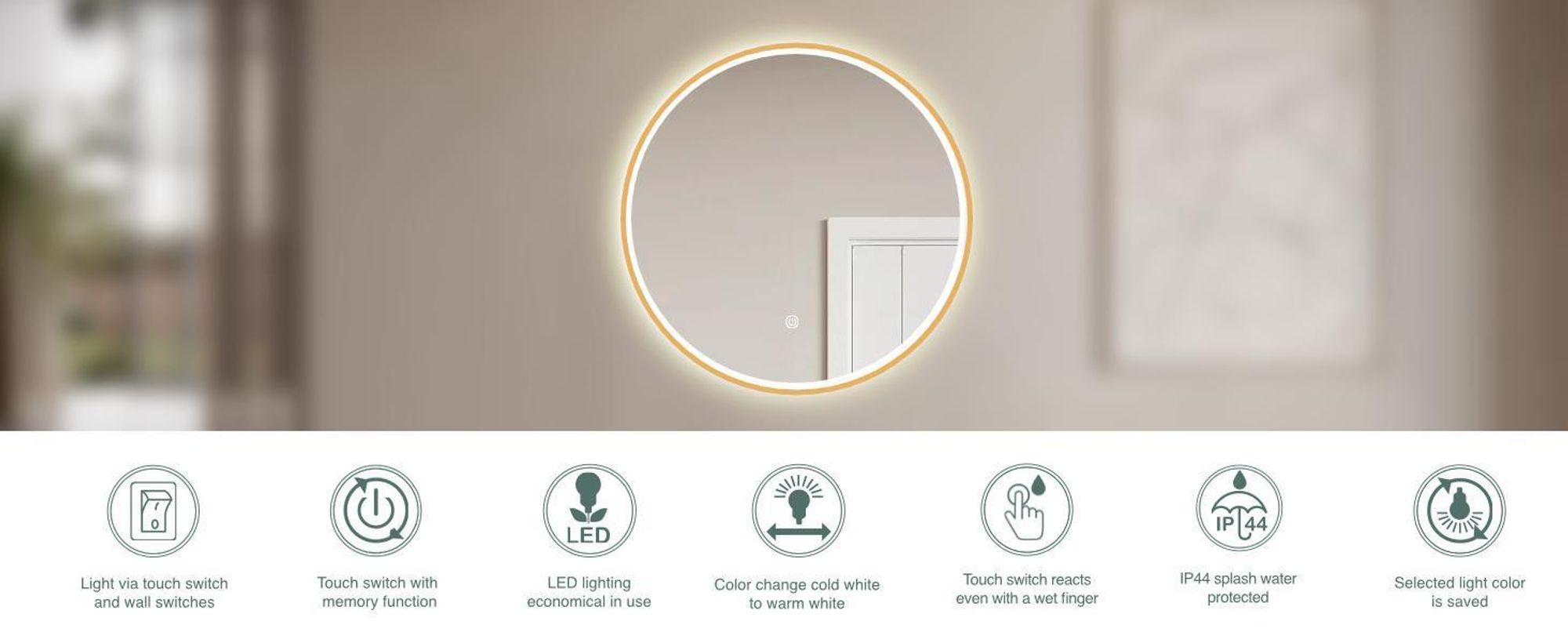 Miroir de salle de bain LED rond HOKO, diamètre 80 cm, avec cadre doré, fonction anti-buée, interrupteur tactile, mémoire, variation de couleur de 2700 à 6500 K, indice de protection IP44, couleur Marsala