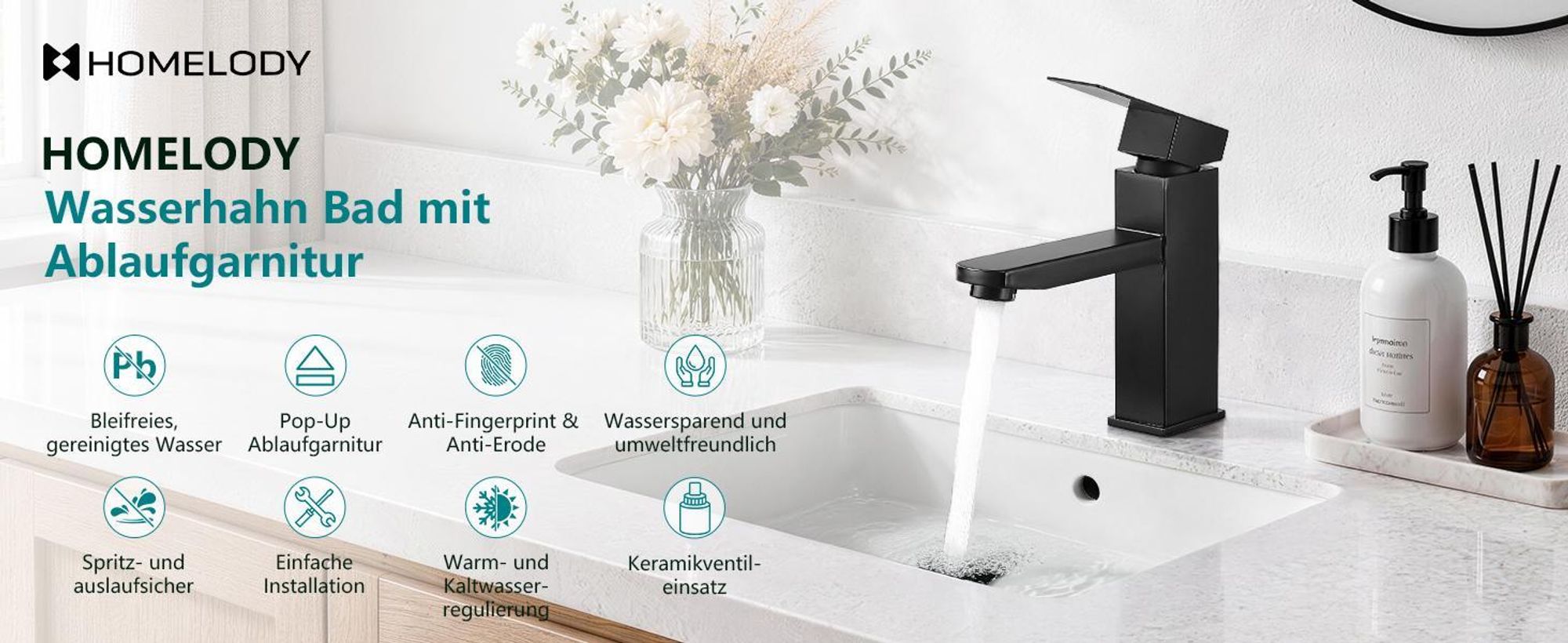 Homelody Wasserhahn Bad Schwarz Edelstahl mit Pop-Up Ablauf Edelstahl, Waschtischarmatur Badarmatur mit Ablaufgarnitur 1 1/4 Zoll Waschbecken Armatur